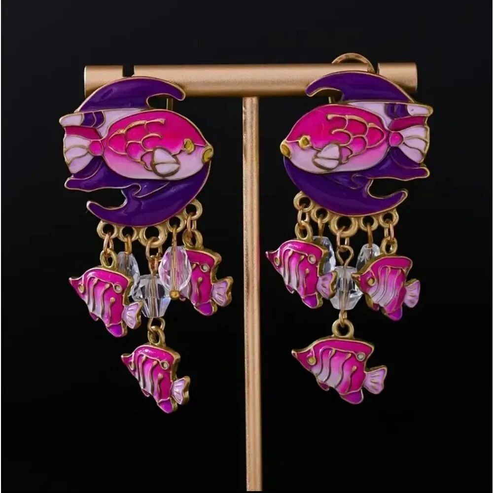 18K Gold Plated Purple & Pink Sea Of Fish Dangle Drop Earrings